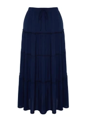  Collection Navy Blue Flared Maxi Length Woven Skirt with Gather Detail at Waist TWOSS24ET00098