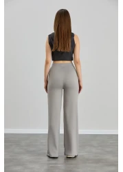 Alos بنطال نسائي رمادي فضفاض واسع الساق مخطط بخصر عالٍ وناعم ومطاط من الليكرا