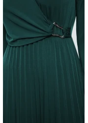 Modest Emerald Green Double Breasted Neckline Pleated Accessory Detail Knitted Dress Tctaw25Eb00138