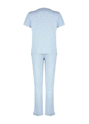  Collection Colorful Floral Pattern and Ruffle Knitted Pajamas Set - Blue THMSS24PT00232