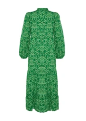  Modest Green Patterned Half Placket Wide Fit Cotton Woven Dress TCTSS23EB00222