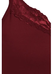  Collection طقم بيجامة محبوكة من الفيسكوز - دانتيل بورجوندي وتفاصيل شريطية، حزام حبل THMSS20PT0134