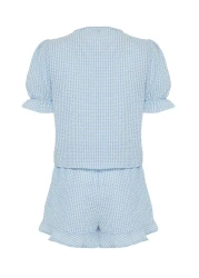  Collection Blue Textured Gingham Lacing/Ribbon/Bow Detailed Shorts Woven Pajamas Set Thmss24Pt00149