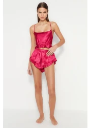  Collection Fuchsia Ruffled and Back Rope Strap Satin Woven Pajamas Set Thmss23Pt00048
