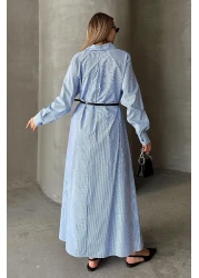 Olcay فستان بوبلين فضفاض بتفاصيل أزرار على الجانب أزرق-أبيض 9316-E