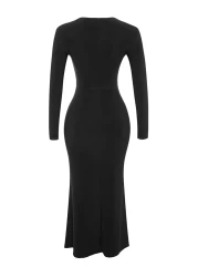  Collection Black Flounced Square Neck Fitted Maxi Stretchy Knitted Dress TWOAW24EL00613