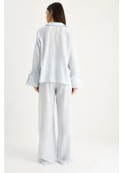 Bianco Lucci بدلة نسائية صيفية مخططة ذات أساور كبيرة ومفصلة من القطن 36471 60283357