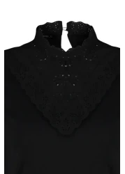  Collection Black Brodeled Stand Collar Basic Regular/Normal Fit Cotton Knitted Blouse Twoss23Bz00879