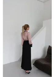 1Moda1Tarz فستان نسائي مستورد من قماش الشيفون اللامع Yoryo مزين بالدانتيل ومطوي ومزين بشريط مبطن بتصميم خاص