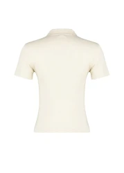  Collection Beige Polo Neck Buttoned Short Sleeve Stretchy Ribbed Knitted Blouse TWOSS24BZ00111
