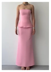 Julidress Pink Strapless Neckline Maxi Long Length Premium Bottom Top Set
