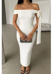  Collection White Body Fitted Shoulder Bow Detail Knitted Stylish Evening Dress Night Graduation Dress Tprss25El00293