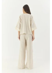 Bianco Lucci طقم قلادة نسائية مخططة برقبة على شكل حرف V من الكتان من الأسفل إلى الأعلى 25106 60283319