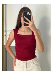 peri tower New Product Square Neck Waist Shirred Burgundy Camisole Undershirt