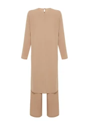  Modest Beige Asymmetrical Woven Tunic Trousers Top and Bottom Set TCTSS24US00074