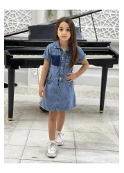 yns coolstar فستان بناتي من NEW SEASON بجيب أمامي وأزرار وأكمام قصيرة من قماش الدنيم القطني