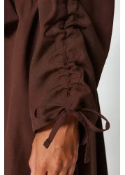  Modest Brown Belted Sleeves Adjustable Detail Button Cotton Woven Shirt Dress Tctss23Eb00365