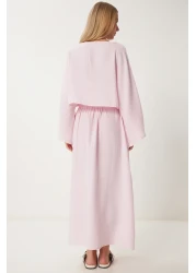 Happiness İstanbul طقم تنورة بلوزة موسلين وردي للنساء RV00206