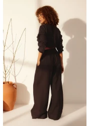  Collection Brown 100% Linen Elastic Waist High Waist Extra Pants Twoss24Je00251