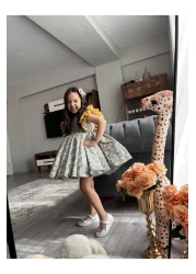 Sare Çocuk Giyim Girl's Yellow Floral Shoulder Puffy Princess Special Design Dress (100% Cotton) + Buckle
