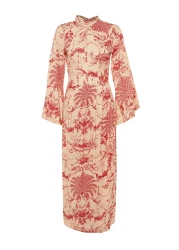  Modest فستان منسوج من القطن والفسكوز صيفي بتفاصيل عقدة وياقة منقوشة باللون الأحمر الكريمي TCTSS23EB00234