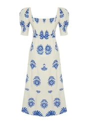  Collection Blue Patterned Square Neck Linen Look Belted Midi Woven Dress TWOSS24EL00779