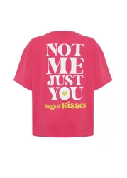  Collection Fuchsia 100% Cotton Back and Front Slogan Printed Oversize/Comfortable Fit Knitted T-Shirt TWOSS24TS00235