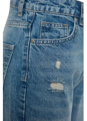  Collection Blue Ripped High Waist Long Straight Jeans TWOAW24JE00033