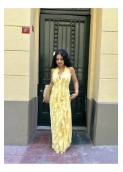 moneta boutique فستان نسائي بتصميم طويل وربطة عنق مكشكشة