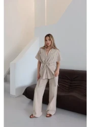 Laluvia Natural Buttoned Belted Blouse Trousers Set - 7207