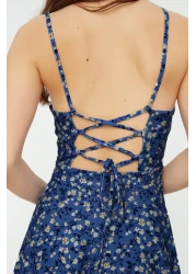  Collection Blue Floral Print Mini Knitted Dress with Backless and Adjustable Straps - TWOSS20EL1630