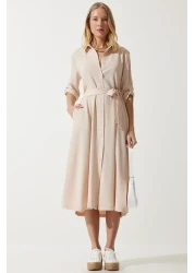 Happiness İstanbul فستان قميص بحزام كريمي للنساء DD01256