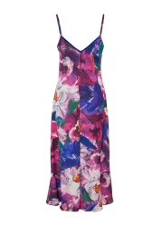  Collection Multicolored Flower Print Straight Cut Strap Midi Satin Woven Dress TWOSS23EL02416