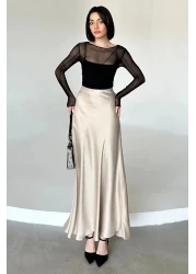 Maude تنورة نسائية بيج فلوش فيسكوز من الساتان بحزام مطاطي وسحاب طويل على شكل حرف A