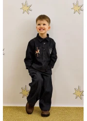 Fahhar Kids Navy Blue Denim Shirt Set