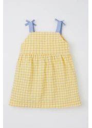 Defacto فستان من قماش البوبلين بحزام رقبة مربعة للفتيات الصغيرات
