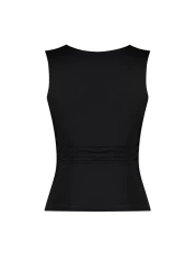  Collection Black Solid Square Neck Straps Shirred Fitted/Fitted Stretchy Knitted Blouse Twoss24Bz00400