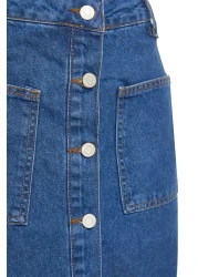  Collection High Waist Dark Indigo Maxi Denim Jeans Skirt - Double Pockets and Front Buttoned Tctss23Ee00002