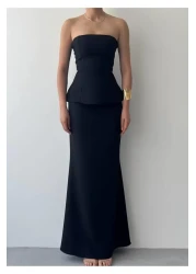 Julidress Black Strapless Neckline Maxi Long Length Premium Bottom Top Set