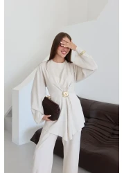 Laluvia طقم بنطلون بلوزة ببروش ذهبي طبيعي - 8759