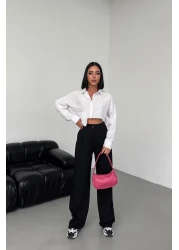 CNRCollection بنطلون بالازو نسائي أسود عالي الخصر مطوي بأزرار من الليكرا قابل للتمدد مقاس كبير غير رسمي