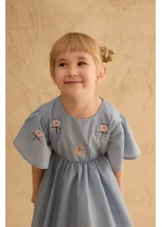 Fahhar Kids Flounced Embroidered Cotton Dress Light Blue