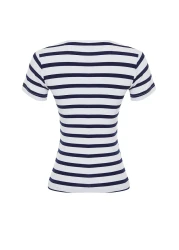  Collection Navy Blue Striped Knitted Blouse with Stretchy Viscous Fabric - Twoss24Bz00296
