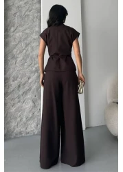 spirituel Women's Double Bottom Top Suit Lace-Up Loose Cut Flowy Summer Short Sleeve Kimono Jacket Palazzo Pants