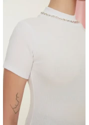  Collection White Fitted High Collar Crop Ribbed Stretchy Knitted Blouse TWOSS21BZ0780