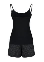  Collection Black 100% Cotton Polka Dot Button Detail Rope Strap Shorts Knitted Pajamas Set Thmss24Pt00335