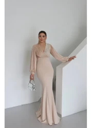 1Moda1Tarz فستان نسائي مستورد من قماش الكريب بأكمام وصدر شيفون مطرز بالأحجار بتصميم خاص