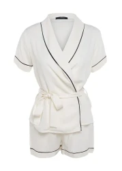  Collection Beige Belted Pregnant Pajama Set with Separate Viscose Shorts