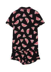  Collection طقم بيجامة نسائي/زوجين أسود 100% قطن منقوش بالبطيخ مع شورت مكشكش THMSS21PT0670