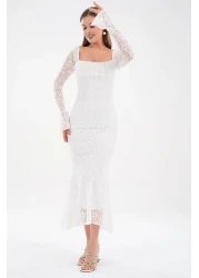 bayansepeti قماش دانتيل مبطن باللون الأبيض، تصميم رقبة مربعة، تصميم بأكمام طويلة من الدانتيل، فستان متوسط الطول 209